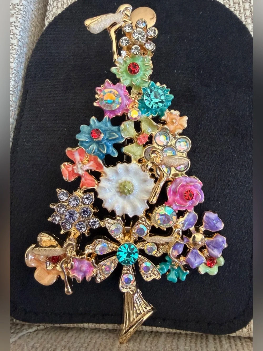 Multicolor Floral Crystal Holiday Tree Brooch - Women Jewelry